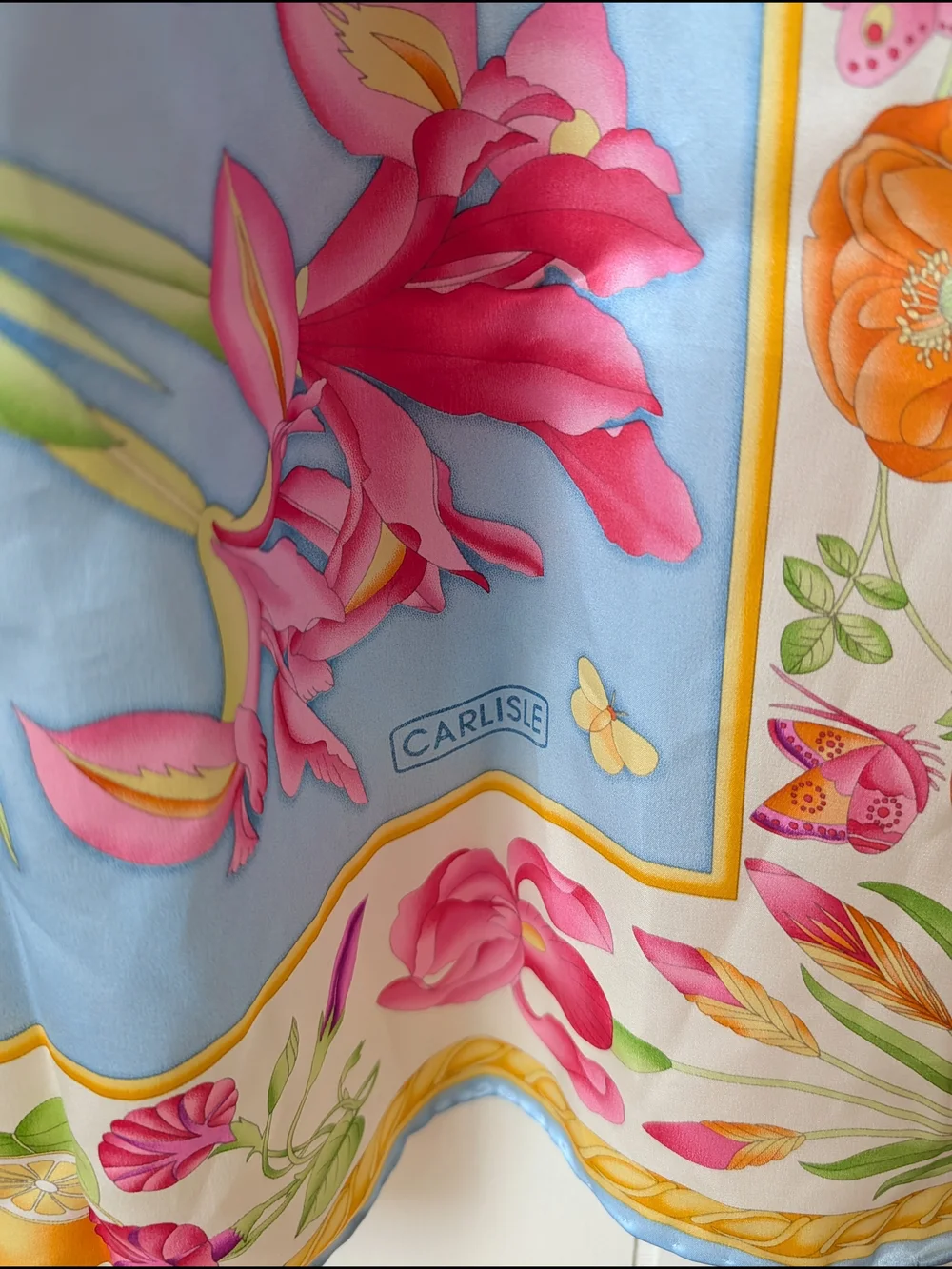 Carlisle Blue Floral Silk Scarf with Pink, Purple, Green & Yellow Accents